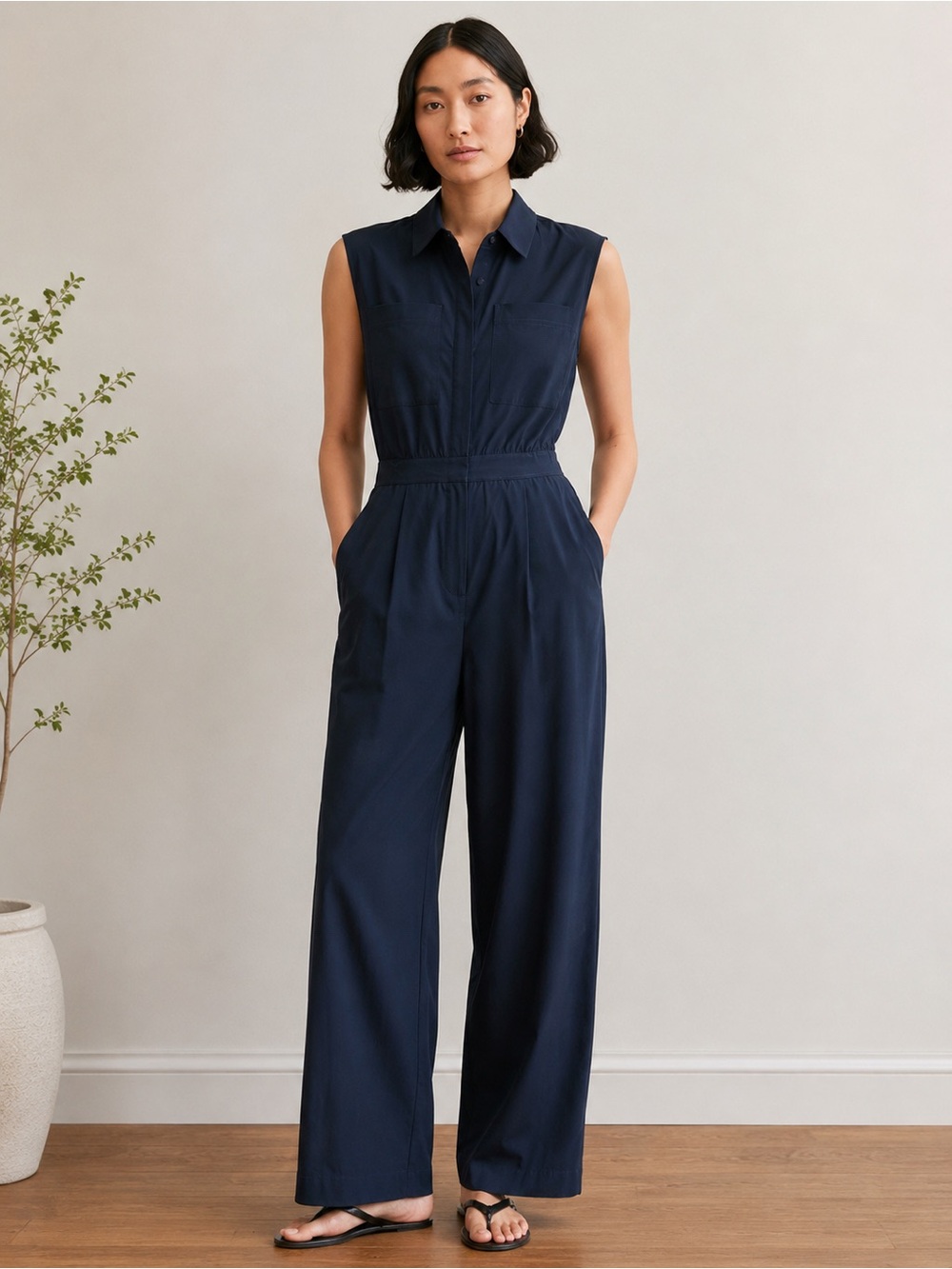 Athleta Navy Sleeveless Collared Wide Leg Jumpsuit – Size 10 *723